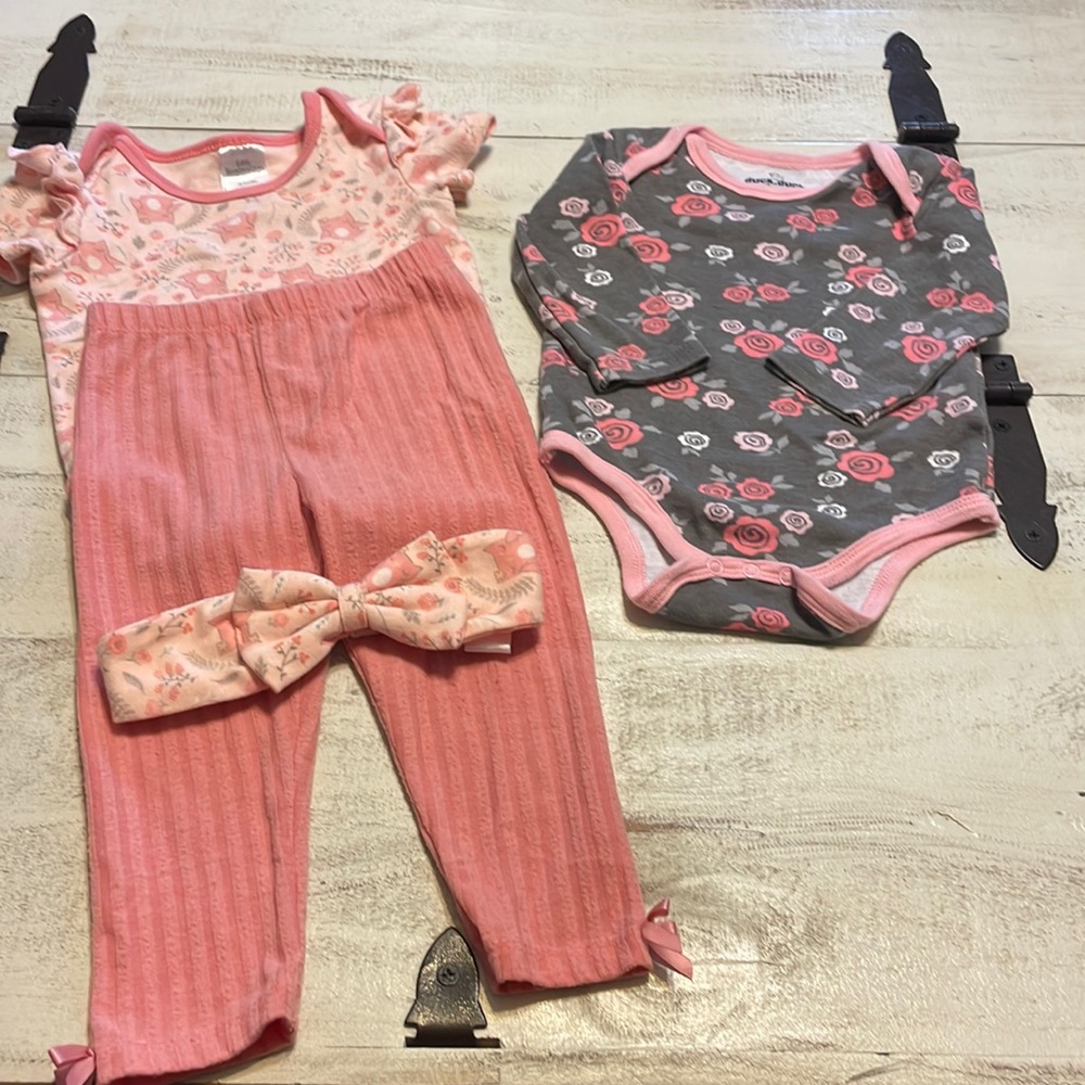One set of “Little Beginnings” 12 months outfit and extra long sleeved onesie.
